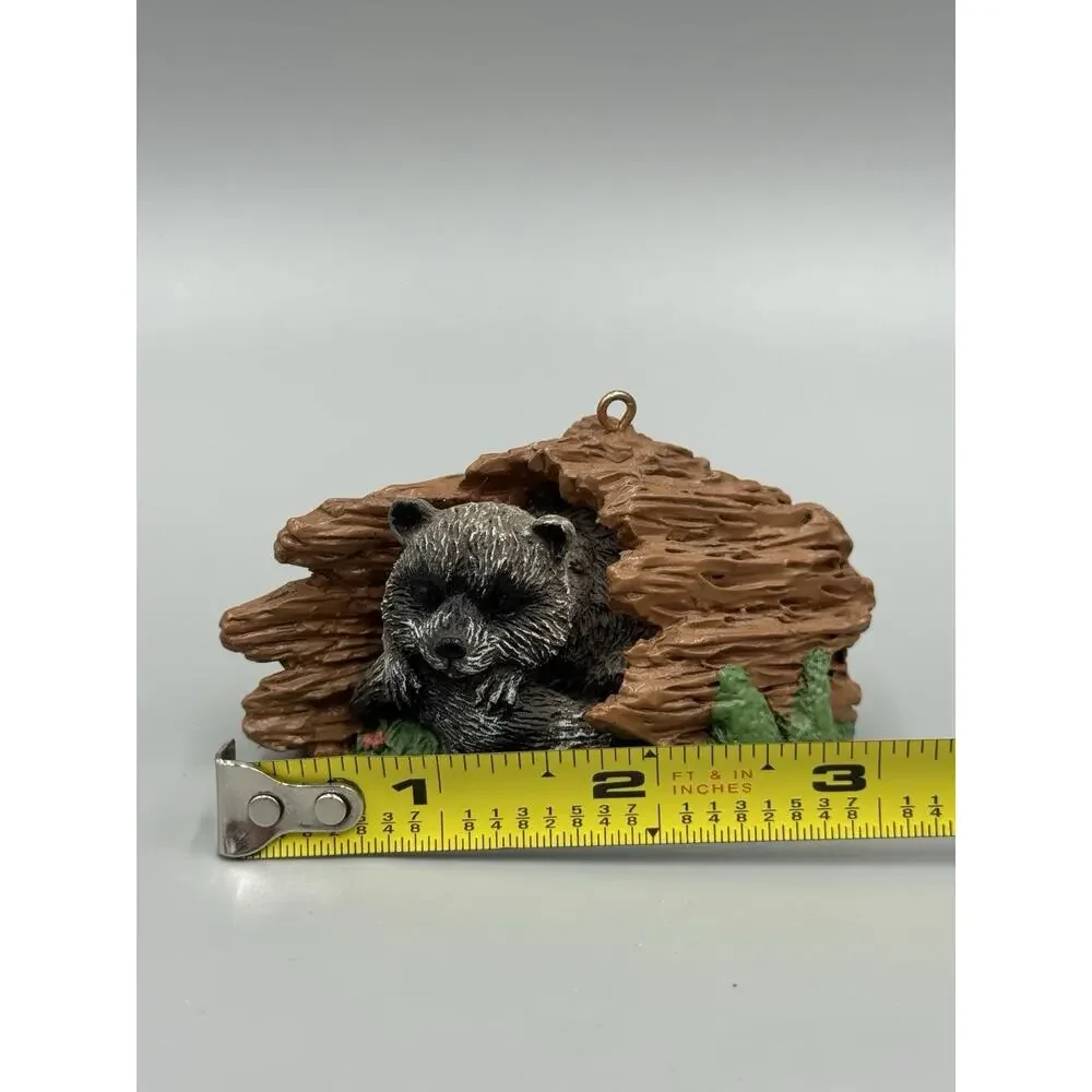 Vintage 1994 Sleeping Raccoon Log Resin Woodland Animal Ornament DCI 3” Long